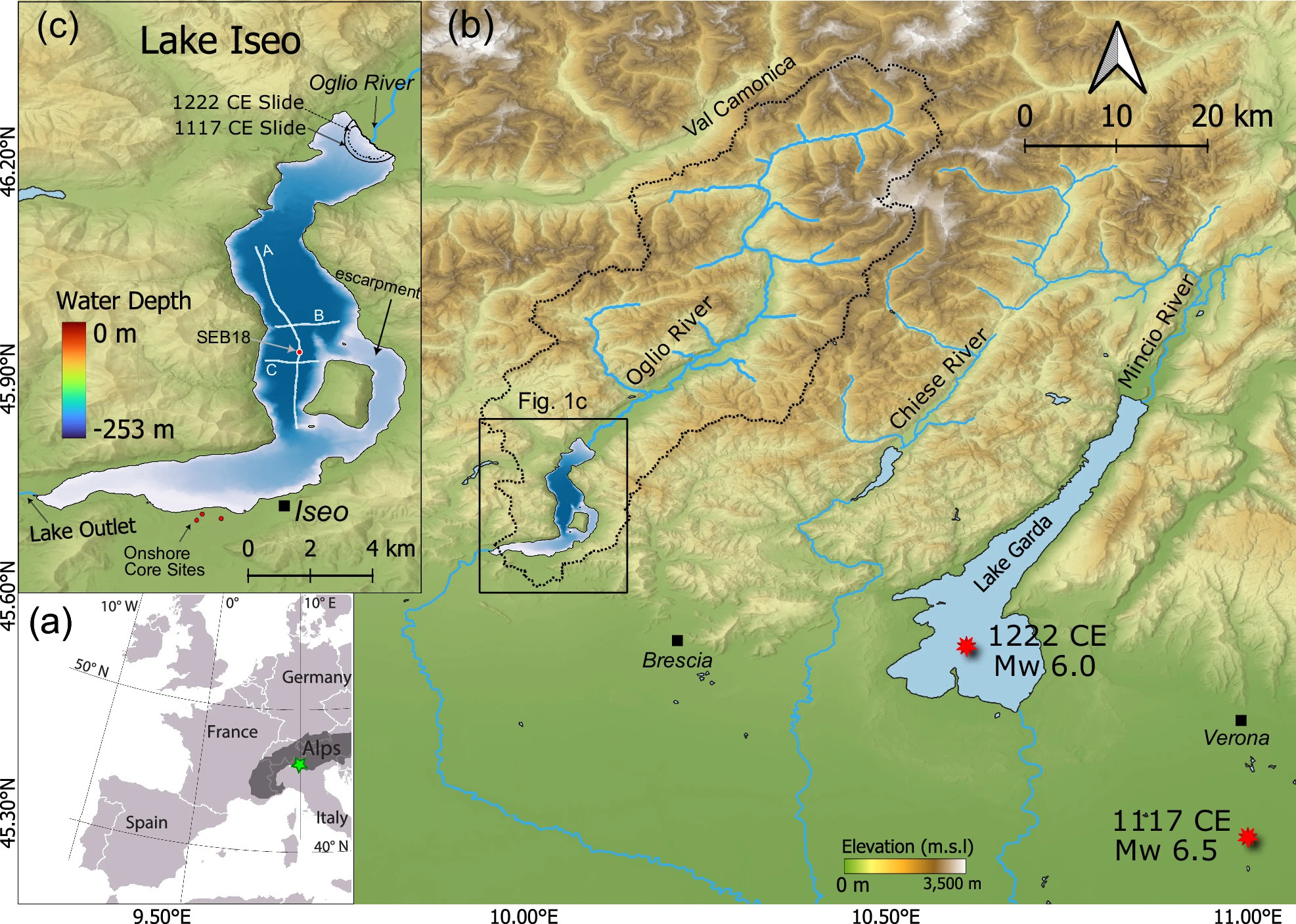 Fig: a Emplacement de la zone d'étude dans le centre des Alpes du Sud au nord de l'Italie. b Carte topographique : le bassin versant de Val Camonica et étendue du lac Iseo [...] c La bathymétrie détaillée du lac Iseo montrant l'emplacement du noyau SEB18 