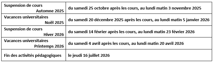 Calendrier pédagogiques 2025-2026