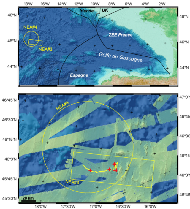 Zones d’immersion de fûts radioactifs (NEA#3 et #4) dans l’Atlantique Nord-Est (haut) et localisation des 6 fûts observés par Epaulard en 1985 (bas). © Projet NODSSUM, 2025